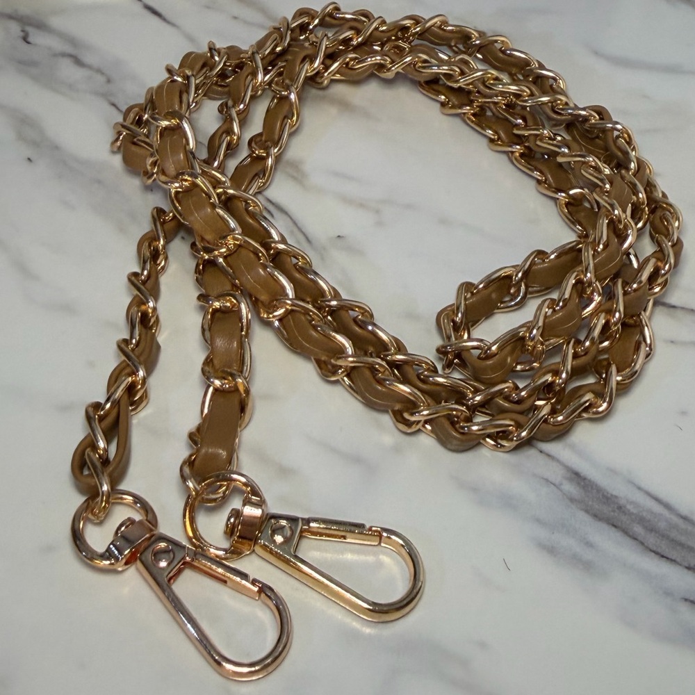 Gold Chain & Tan Faux Leather Crossbody Purse Strap 48” - Picture 2 of 4